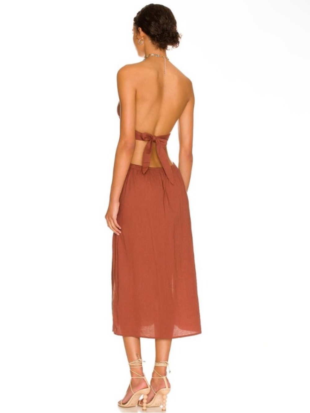 WeWoreWhat Gold Cowrie Shell Chain Halter Midi Dress in Cappuccino Rust NEW L - Picture 2 of 6